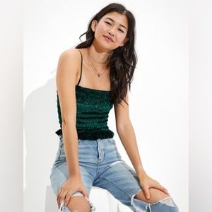 American Eagle Velvet Smocked Cami, Green